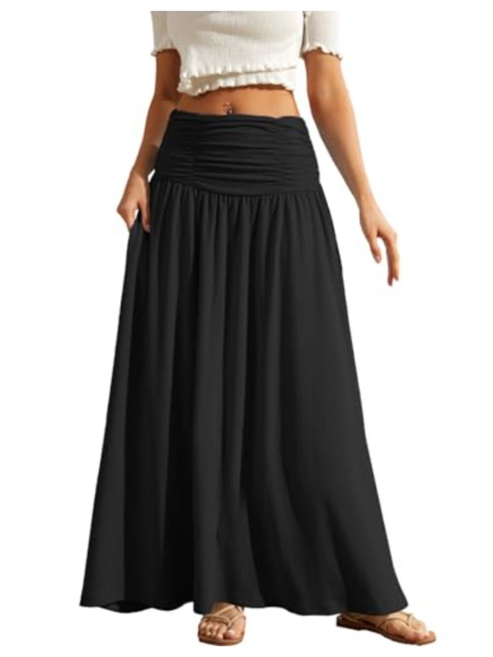Maxi Skirt High Waisted Ruched Stretchy Flowy A-line for Women
